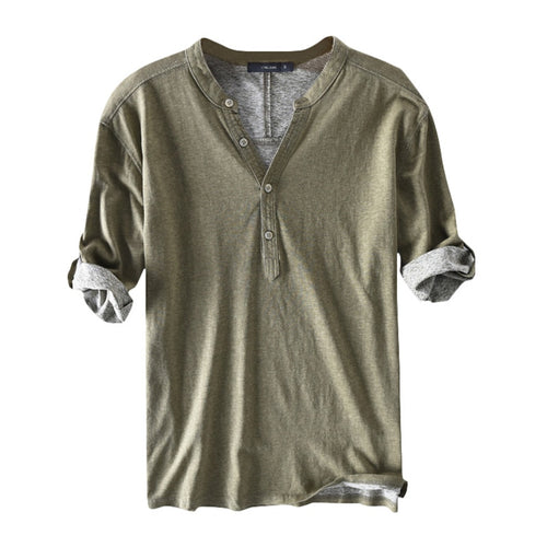 High Quaity Shirts Dress Men 100%Cotton Half Sleeve Henley Collar V Neck Solid Autumn Casual Shirts Hombre Camisa Men Clothes