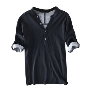 High Quaity Shirts Dress Men 100%Cotton Half Sleeve Henley Collar V Neck Solid Autumn Casual Shirts Hombre Camisa Men Clothes