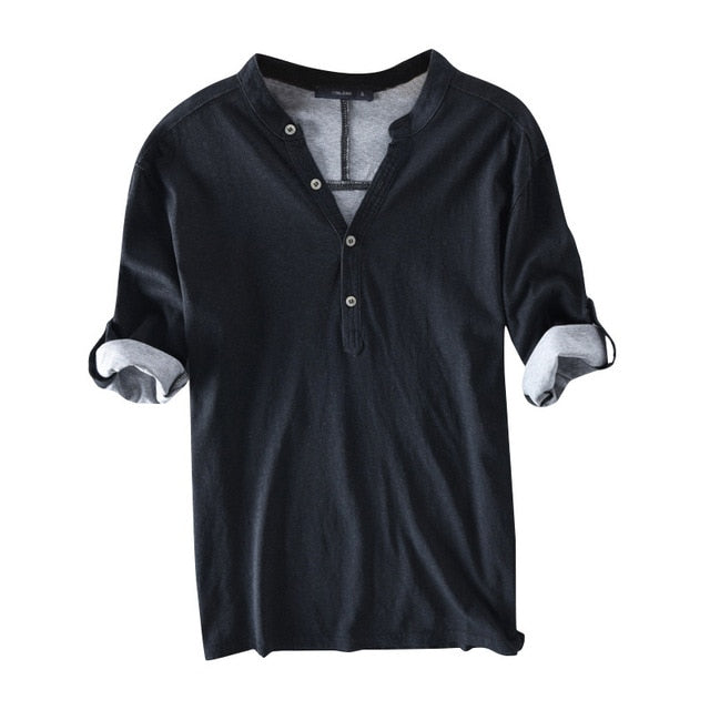 High Quaity Shirts Dress Men 100%Cotton Half Sleeve Henley Collar V Neck Solid Autumn Casual Shirts Hombre Camisa Men Clothes