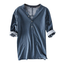 Load image into Gallery viewer, High Quaity Shirts Dress Men 100%Cotton Half Sleeve Henley Collar V Neck Solid Autumn Casual Shirts Hombre Camisa Men Clothes