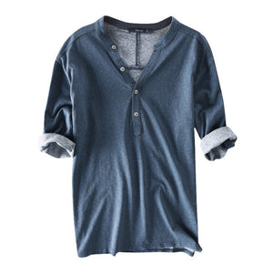 High Quaity Shirts Dress Men 100%Cotton Half Sleeve Henley Collar V Neck Solid Autumn Casual Shirts Hombre Camisa Men Clothes