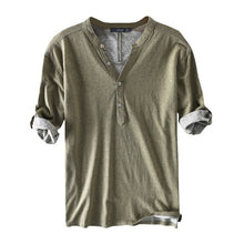 Load image into Gallery viewer, High Quaity Shirts Dress Men 100%Cotton Half Sleeve Henley Collar V Neck Solid Autumn Casual Shirts Hombre Camisa Men Clothes