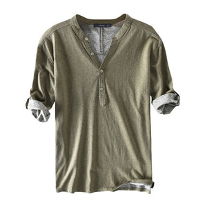High Quaity Shirts Dress Men 100%Cotton Half Sleeve Henley Collar V Neck Solid Autumn Casual Shirts Hombre Camisa Men Clothes