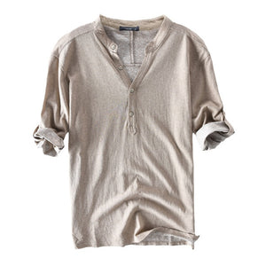 High Quaity Shirts Dress Men 100%Cotton Half Sleeve Henley Collar V Neck Solid Autumn Casual Shirts Hombre Camisa Men Clothes
