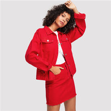 Load image into Gallery viewer, COLROVIE Red Casual Button Denim Jacket Without Skirt 2018 Autumn Women Basic Jacket Long Sleeve Streetwear Girls Jacket Coat