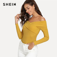 Load image into Gallery viewer, SHEIN Ginger Cross Wrap Front Rib Knit Bardot Tee Elegant Off the Shoulder Slim Fit Tops Women Plain Stretchy Autumn T-shirt