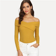 Load image into Gallery viewer, SHEIN Ginger Cross Wrap Front Rib Knit Bardot Tee Elegant Off the Shoulder Slim Fit Tops Women Plain Stretchy Autumn T-shirt