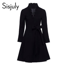 Load image into Gallery viewer, Sisjuly winter black women coat wool ruffles jacket sashes long sleeve jacket coat  mid length  2018 new arrival solid overcoat