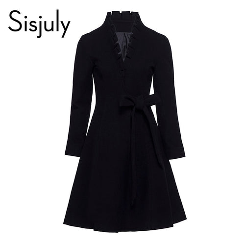 Sisjuly winter black women coat wool ruffles jacket sashes long sleeve jacket coat  mid length  2018 new arrival solid overcoat