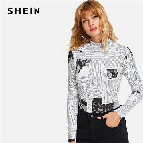 SHEIN Black And White Casual Newspaper Print Stand Collar Long Sleeve Highstreet Tee 2018 Autumn Streetwear Women T-shirt Top