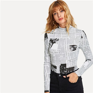 SHEIN Black And White Casual Newspaper Print Stand Collar Long Sleeve Highstreet Tee 2018 Autumn Streetwear Women T-shirt Top