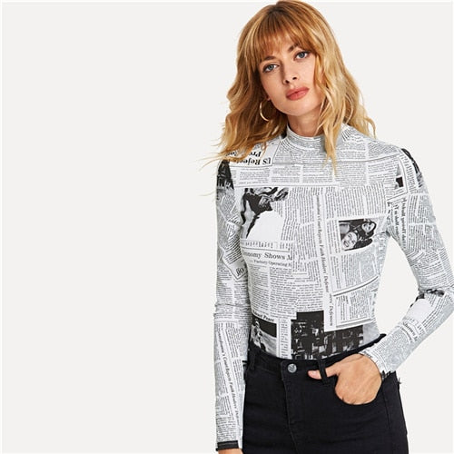 SHEIN Black And White Casual Newspaper Print Stand Collar Long Sleeve Highstreet Tee 2018 Autumn Streetwear Women T-shirt Top