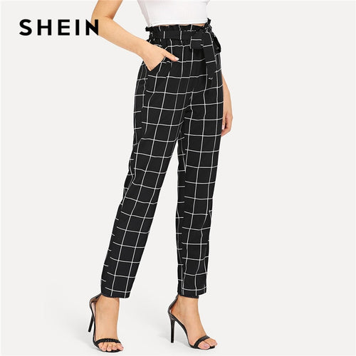 SHEIN Black And White Office Lady Elegant Self Belted Slant Pocket Grid High Waist Pants 2018 Autumn Minimalist Women Trousers