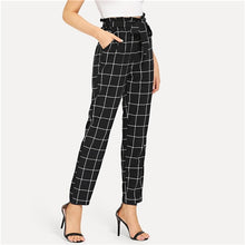 Load image into Gallery viewer, SHEIN Black And White Office Lady Elegant Self Belted Slant Pocket Grid High Waist Pants 2018 Autumn Minimalist Women Trousers