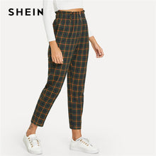 Load image into Gallery viewer, SHEIN Green Office Lady Elegant Exposed Zip Fly Plaid Peg Mid Waist Carrot Minimalist Pants 2018 Autumn Casual Women Trousers