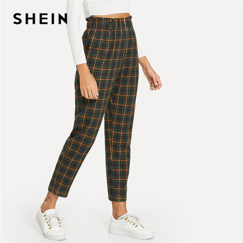 SHEIN Green Office Lady Elegant Exposed Zip Fly Plaid Peg Mid Waist Carrot Minimalist Pants 2018 Autumn Casual Women Trousers