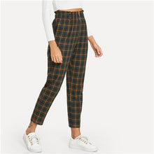 Load image into Gallery viewer, SHEIN Green Office Lady Elegant Exposed Zip Fly Plaid Peg Mid Waist Carrot Minimalist Pants 2018 Autumn Casual Women Trousers