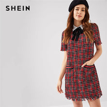 Load image into Gallery viewer, SHEIN Multicolor Preppy Tie Neck Frayed Edge Tweed Plaid Puff Sleeve Highstreet Dress 2018 Summer Elegant Campus Women Dresses