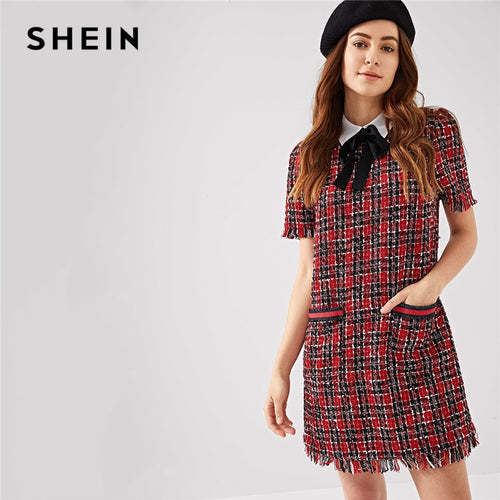 SHEIN Multicolor Preppy Tie Neck Frayed Edge Tweed Plaid Puff Sleeve Highstreet Dress 2018 Summer Elegant Campus Women Dresses