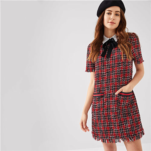 SHEIN Multicolor Preppy Tie Neck Frayed Edge Tweed Plaid Puff Sleeve Highstreet Dress 2018 Summer Elegant Campus Women Dresses