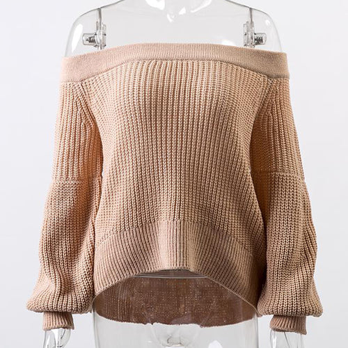 Conmoto Slash Neck Women Short Casual Sweater Computer Knitted Lantern Full Sleeve Sweater Autumn Winter Solid Mujer Jumper