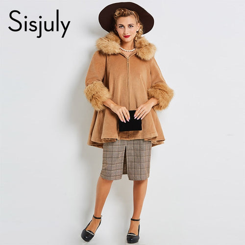 Sisjuly Women Winter Cape Coat Vintage Elegant Wool Camel Loose Thick Fashion Outwear 2xl Zipper Regular Length Warm Autumn Coat