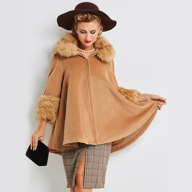 Sisjuly Women Winter Cape Coat Vintage Elegant Wool Camel Loose Thick Fashion Outwear 2xl Zipper Regular Length Warm Autumn Coat