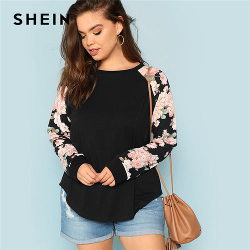SHEIN Floral Print Raglan Sleeve Casual Plus Size Black Womens Top Tees 2018 Autumn New Round Neck Long Sleeve Workwear T Shirt