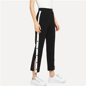 SHEIN Black Colorblock Contrast Snap Button Side Pants Casual High Waist Crop Trousers Women Autumn Stretchy Athleisure Pants