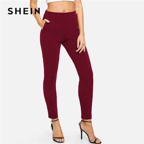 SHEIN Burgundy Mid Waist Skinny Pants Elegant Workwear Elastic Waist Tapered Carrot Trousers Women Autumn Minimalist Pants