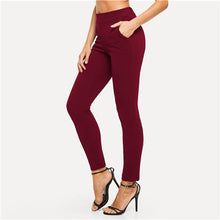 Load image into Gallery viewer, SHEIN Burgundy Mid Waist Skinny Pants Elegant Workwear Elastic Waist Tapered Carrot Trousers Women Autumn Minimalist Pants