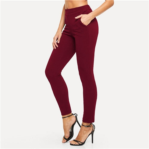 SHEIN Burgundy Mid Waist Skinny Pants Elegant Workwear Elastic Waist Tapered Carrot Trousers Women Autumn Minimalist Pants
