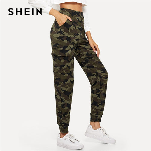 SHEIN Multicolor Modern Lady Streetwear High Waist Pocket Camo Print  Carrot Pants 2018 Autumn Casual Women Trousers