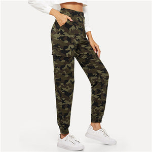 SHEIN Multicolor Modern Lady Streetwear High Waist Pocket Camo Print  Carrot Pants 2018 Autumn Casual Women Trousers