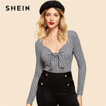 Load image into Gallery viewer, SHEIN Black and White Knot Front Gingham Print Tee Vintage Long Sleeve V Neck Slim Fit Tops Women Elegant Autumn T-shirt