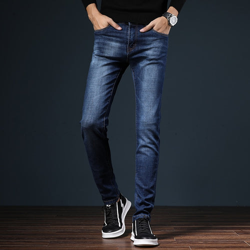 HAOKEKE Men Blue Slim Straight Full Length Jeans 2018 Autumn Man Male Denim Pencil Pants Clothing