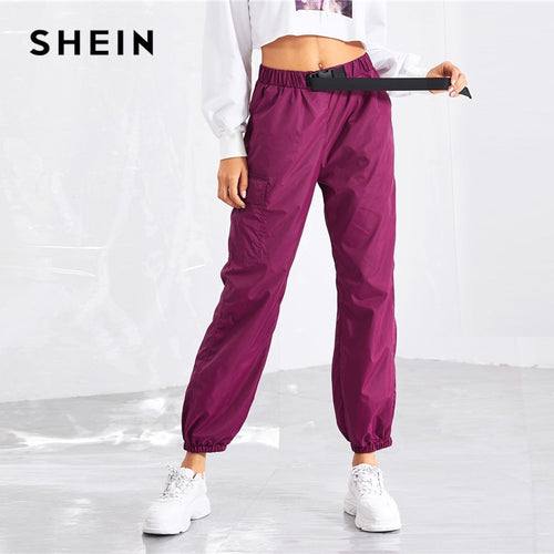 SHEIN Purple Pocket Side Drawstring Waist Pants Casual Elastic Waist Belted Trousers Women Autumn Plain Streetwear Pants