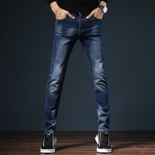 HAOKEKE Jeans Men 2018 Autumn Male Causal Slim Fit Elastic Denim Trouser Dark Blue Full Length Straight Pants Man Jeans