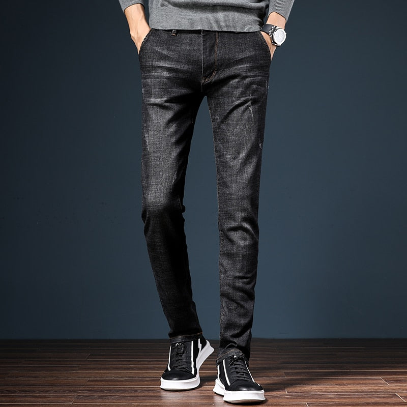 HAOKEKE Jeans 2018 Autumn Male Denim Full Length Trousers Elastic Slim Pencil Pants Man Jeans Black Blue