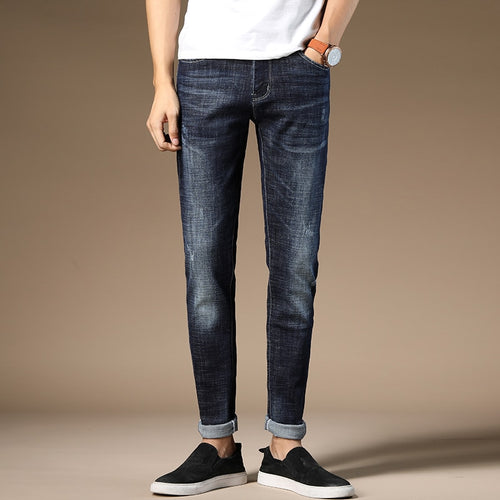 HAOKEKE Jeans Men Dark Blue Elastic Slim Fit Denim Trouser Male Pencil Pants Full Length Man Jeans
