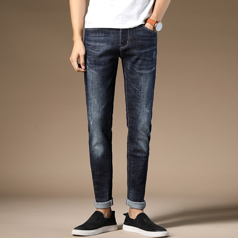 HAOKEKE Jeans Men Dark Blue Elastic Slim Fit Denim Trouser Male Pencil Pants Full Length Man Jeans
