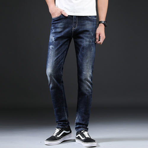 HAOKEKE 2018 Jeans Men Dark Blue Slim Elastic Denim Trouser Male Pencil Pants Man Ripped Jeans