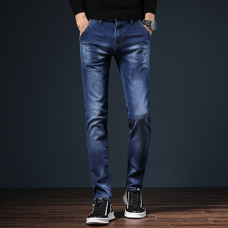 HAOKEKE Jeans Men Dark Blue Male Causal Street Denim Trouser Elastic Slim Fit Full Length Straight Pants Man Jeans