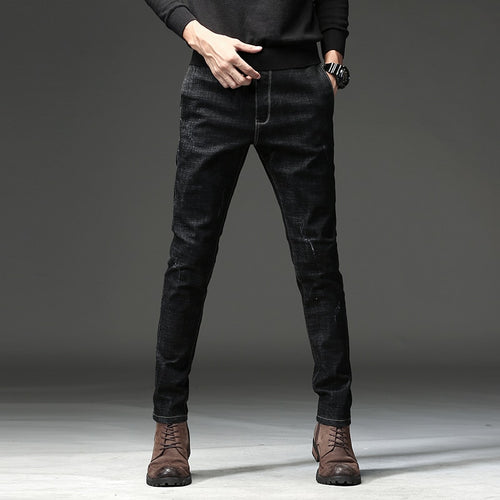 HAOKEKE Jeans Men Slim Elastic Pockets Pencil Pants 2018 Autumn Male Denim Trouser Black Casual Jeans