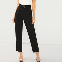 Load image into Gallery viewer, SHEIN Black Elegant Office Lady Pleated Tailored Buckle Belted Solid Minimalist Pants 2018 Autumn Casual Workwear Trousers