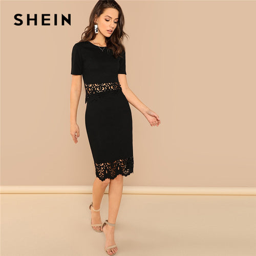SHEIN Black Elegant Office Lady Scallop Edge Laser Cut Top And Skirt Set 2018 Summer Workwear Fashion Casual Women Two Pieces
