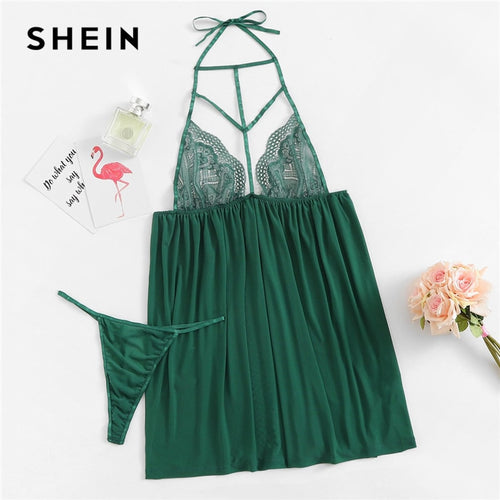SHEIN Green Eyelash Lace Trim Mesh Halter Top With Panty Sleep Set Sexy Cut Out Sheer Knot Sleepwear Women Autumn Nightwear