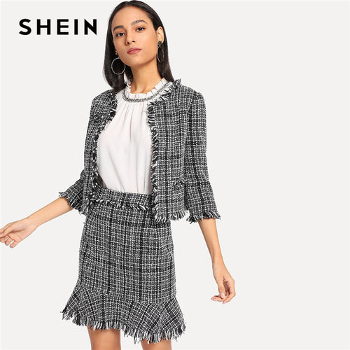 SHEIN Black And White Office Lady Elegant Frayed Edge Tweed Blazer And Skirt Fashion Set 2018 Autumn Workwear Women Two Pieces