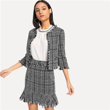 Load image into Gallery viewer, SHEIN Black And White Office Lady Elegant Frayed Edge Tweed Blazer And Skirt Fashion Set 2018 Autumn Workwear Women Two Pieces