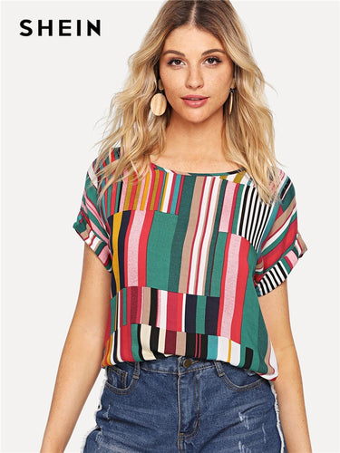 SHEIN Multicolor Mix Striped Print Rolled Up Tee Casual Scoop Neck Colorblock T-Shirt Women Summer Short Sleeve Tops